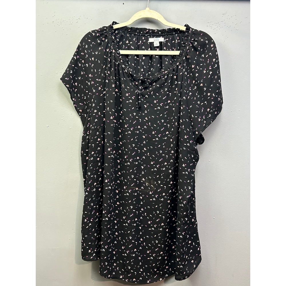 Croft & Barrow Blouse Women 3XL Black Pink Petal Print Gathered Tie Neck Top